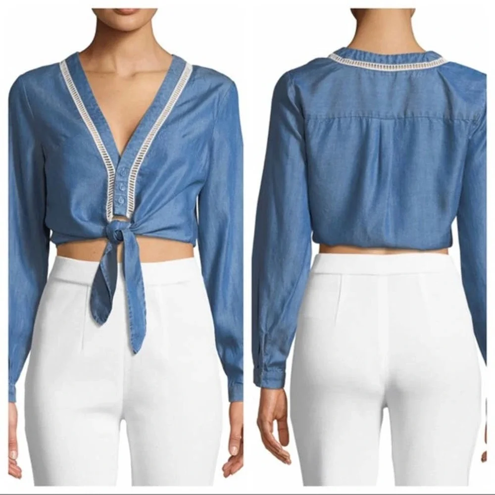 Lovers + Friends Denim Chambray Long Sleeve Tie Front Crop Top - Picture 3 of 6